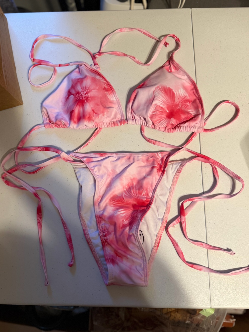 Women’s Pink Floral Tie-String Bikini Top and Bottom Set
